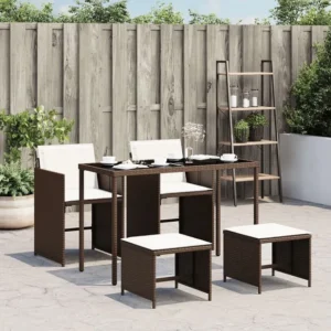 5 peças conjunto jantar para jardim com almofadões vime PE castanho | Material Impermeável