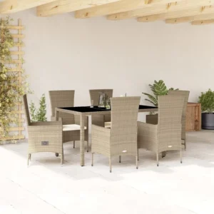 7 peças conjunto de jantar para jardim com almofadões vime PE bege | Material Impermeável
