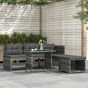 4 peças conjunto de jantar para jardim com almofadões vime PE cinza | Material Impermeável