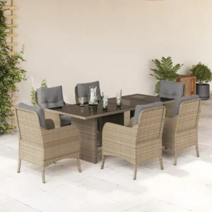 7 peças conjunto de jantar para jardim com almofadões vime PE bege com Garantia de 1 Ano