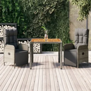 3 peças conjunto de jantar para jardim com almofadões vime PE cinza com Garantia de 1 Ano