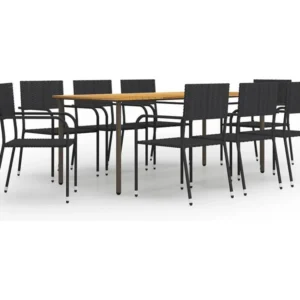 9 peças conjunto de jantar para jardim vime PE preto | Material Impermeável