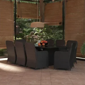 9 peças conjunto de jantar para jardim vime PE preto com Garantia de 1 Ano