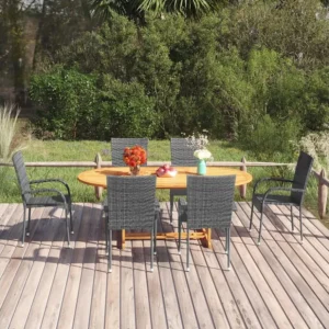 7 peças conjunto de jantar para jardim vime PE cinzento | Material Impermeável