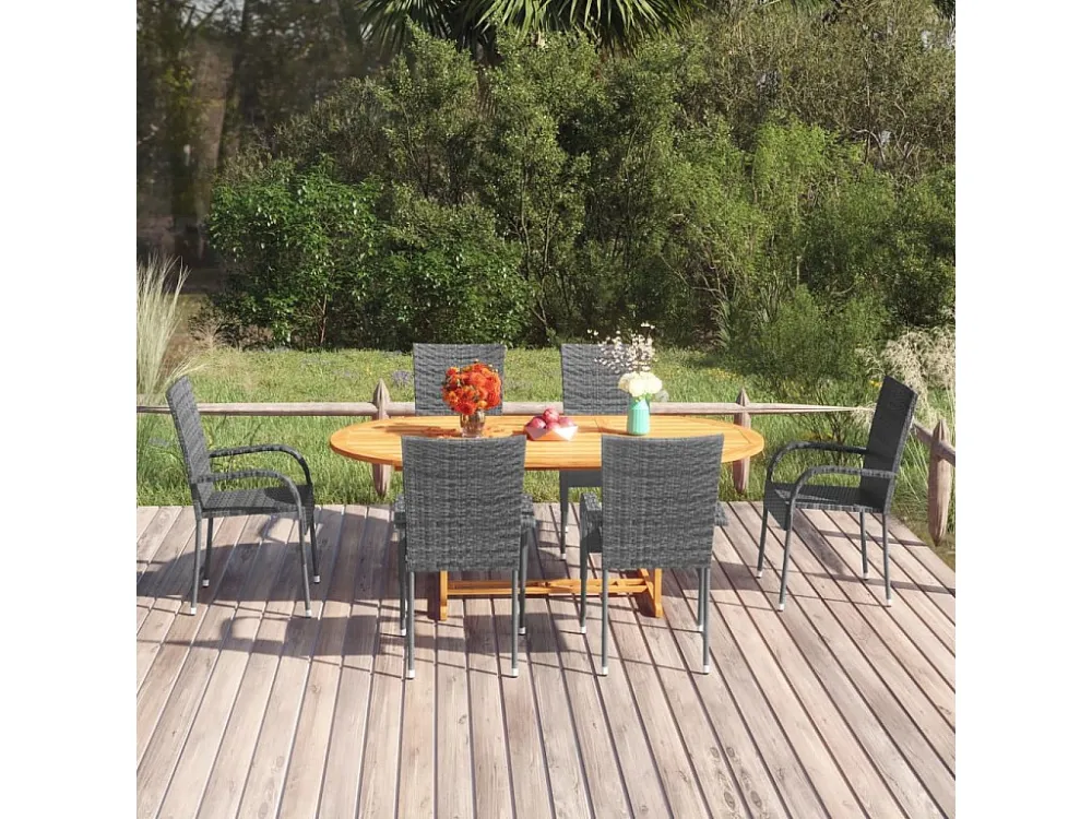 7 peças conjunto de jantar para jardim vime PE cinzento | Material Impermeável