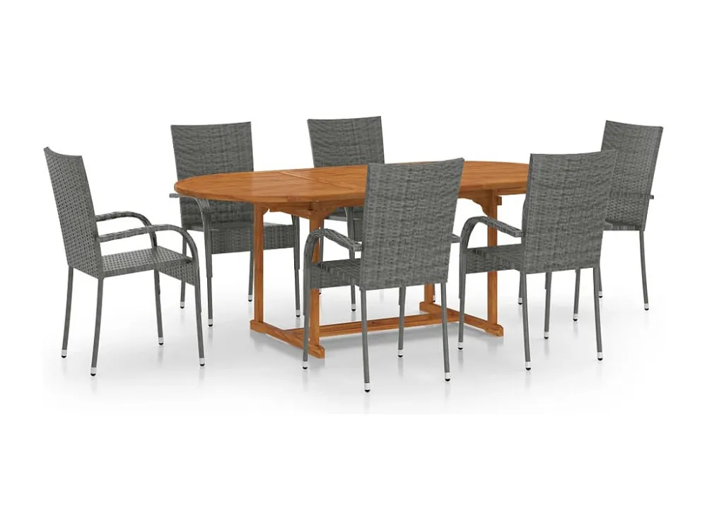 7 peças conjunto de jantar para jardim vime PE cinzento | Material Impermeável