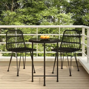 3 peças conjunto de jantar para jardim vime PE preto com Garantia de 1 Ano