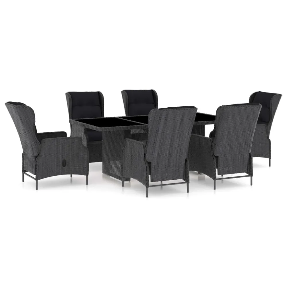 Portátil e Dobrável 7 pcs conj. jantar exterior com almofadões vime PE cinza-escuro