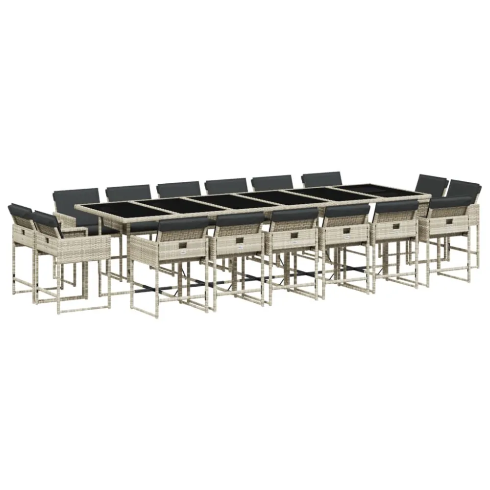 Portátil e Dobrável 17 pcs conj. jantar jardim com almofadões vime PE cinzento-claro