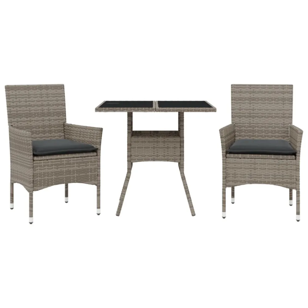 Portátil e Dobrável 3 pcs conjunto jantar jardim com almofadões vime PE/vidro cinza