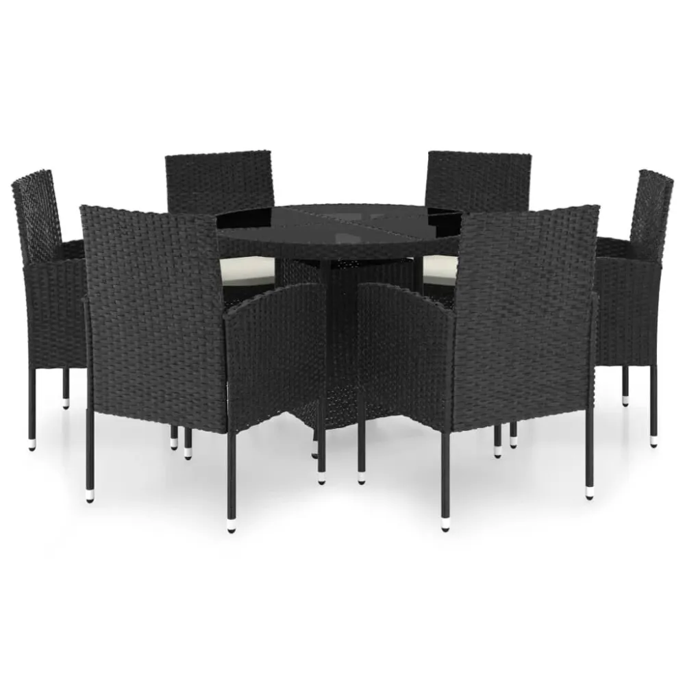 Portátil e Dobrável 7 pcs conjunto de jantar para jardim vime PE preto