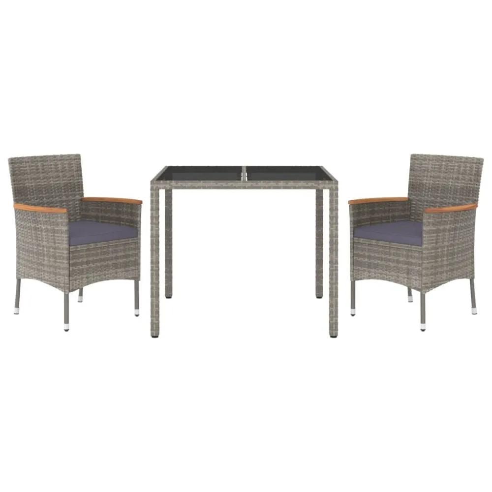 Portátil e Dobrável 3 pcs conjunto de jantar para jardim com almofadões vime PE cinza