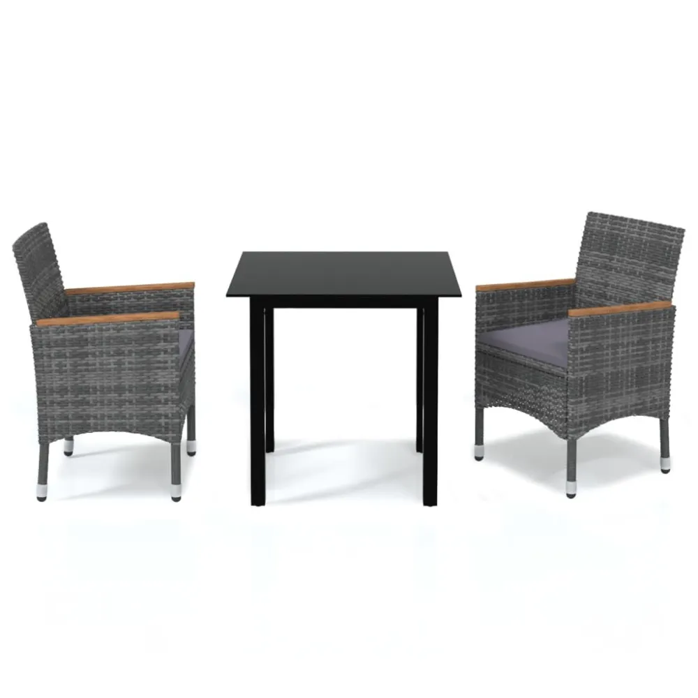 Portátil e Dobrável 3 pcs conjunto de jantar para jardim com almofadões vime PE cinza