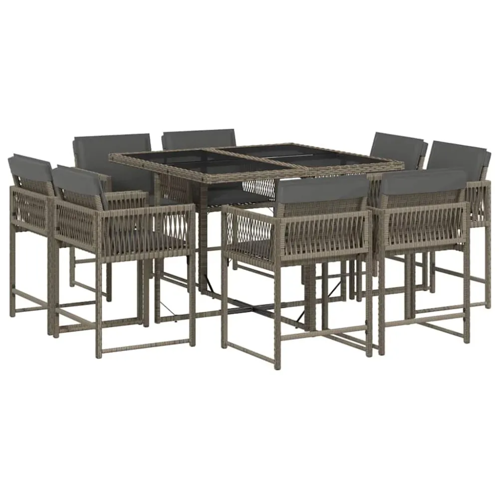Portátil e Dobrável 9 pcs conjunto de jantar para jardim com almofadões vime PE cinza