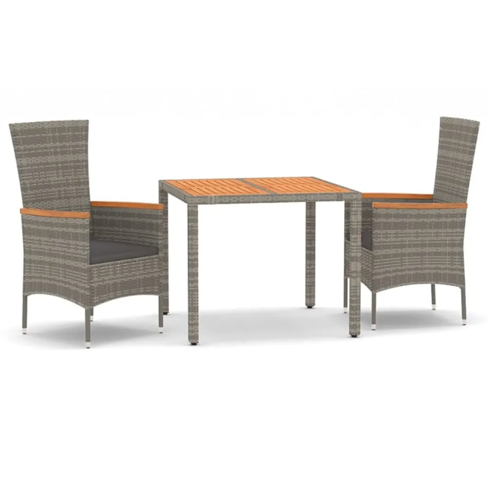 Portátil e Dobrável 3 pcs conjunto de jantar para jardim com almofadões vime PE cinza