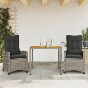Portátil e Dobrável 3 peças conjunto de jantar para jardim com almofadões vime PE cinza