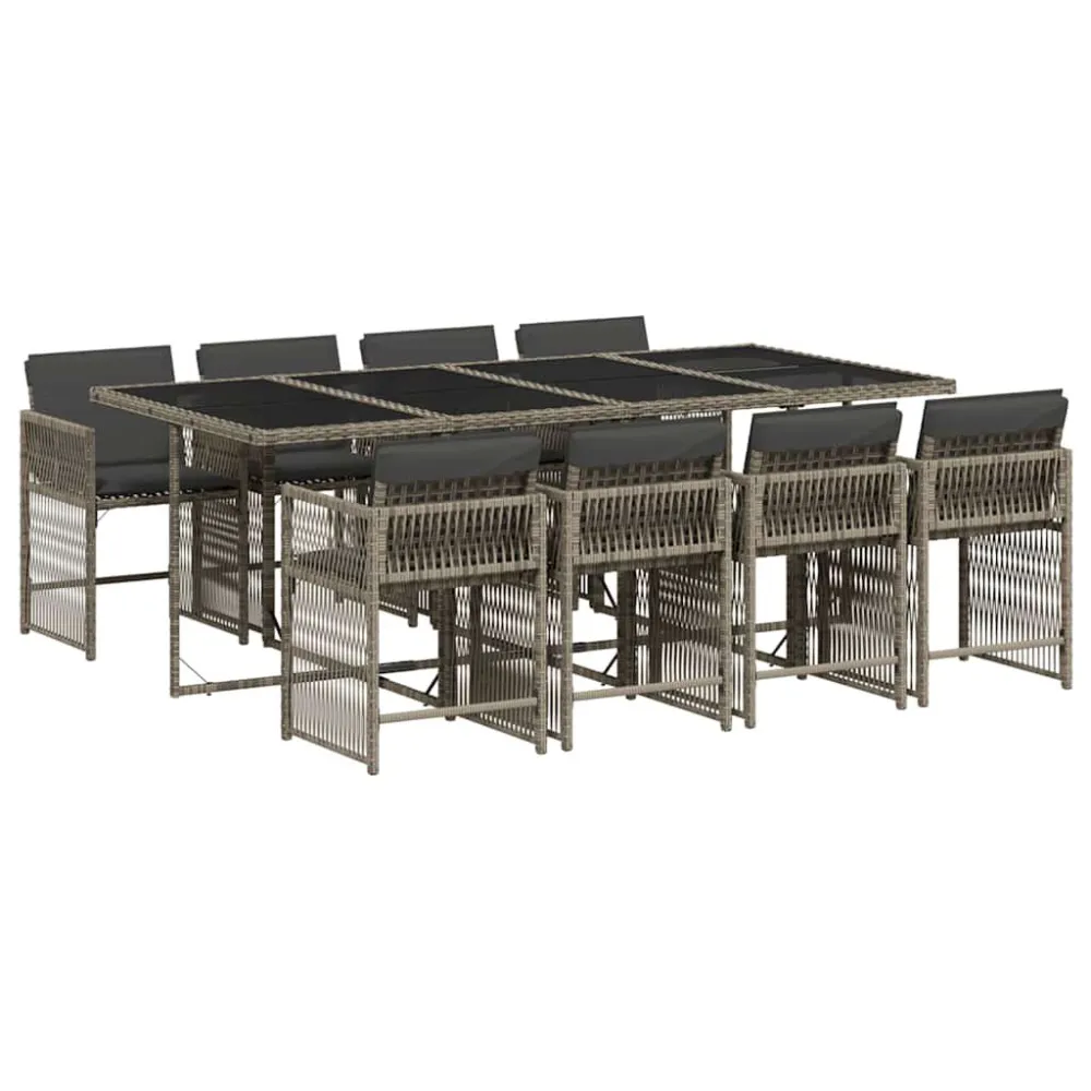 Premium Resistente à Intempérie 9 pcs conjunto de jantar para jardim com almofadões vime PE cinza