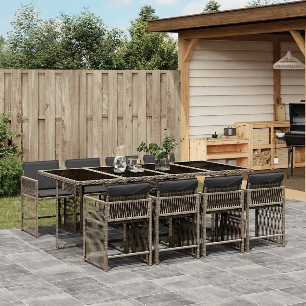 Premium Resistente à Intempérie 9 pcs conjunto de jantar para jardim com almofadões vime PE cinza