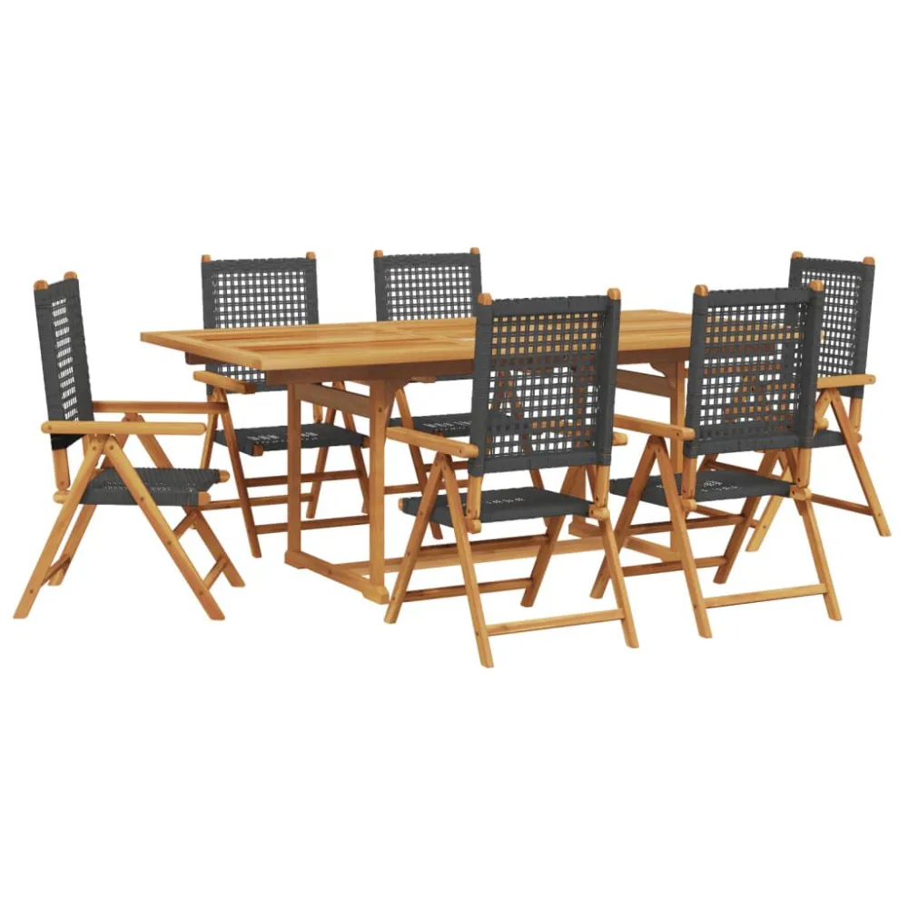 Premium Resistente à Intempérie 7 pcs conjunto de jantar para jardim vime PE/madeira maciç preto
