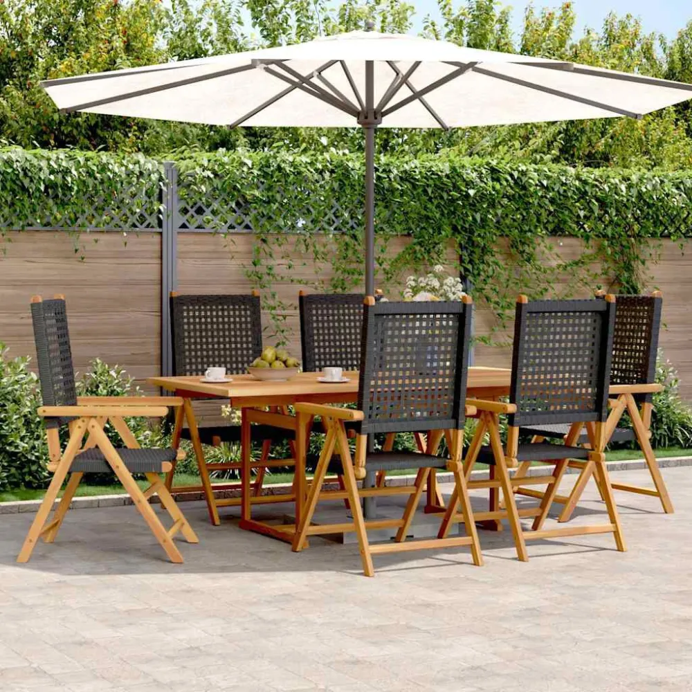 Premium Resistente à Intempérie 7 pcs conjunto de jantar para jardim vime PE/madeira maciç preto