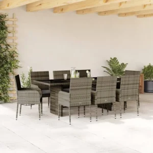 Premium Resistente à Intempérie 9 peças conjunto de jantar para jardim com almofadões vime PE cinza