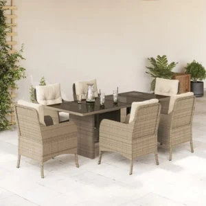 Premium Resistente à Intempérie 7 peças conjunto de jantar para jardim com almofadões vime PE bege