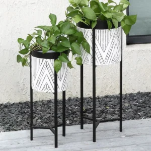 Conjunto 2 vasos de ornamentação com suporte em metálico D20 e D25 cm preto e branco CAPOLI