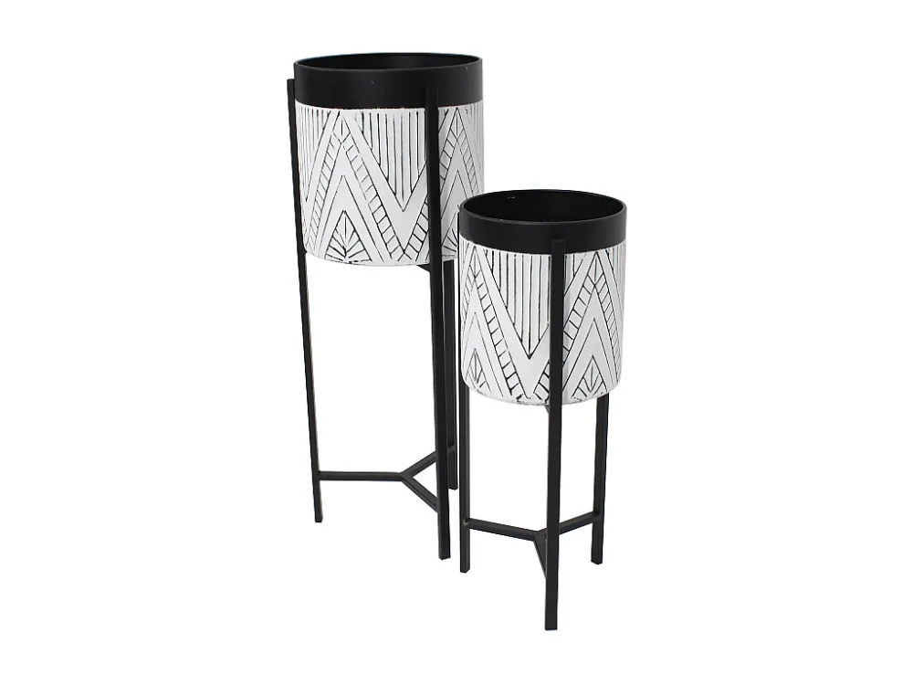 Conjunto 2 vasos de ornamentação com suporte em metálico D20 e D25 cm preto e branco CAPOLI