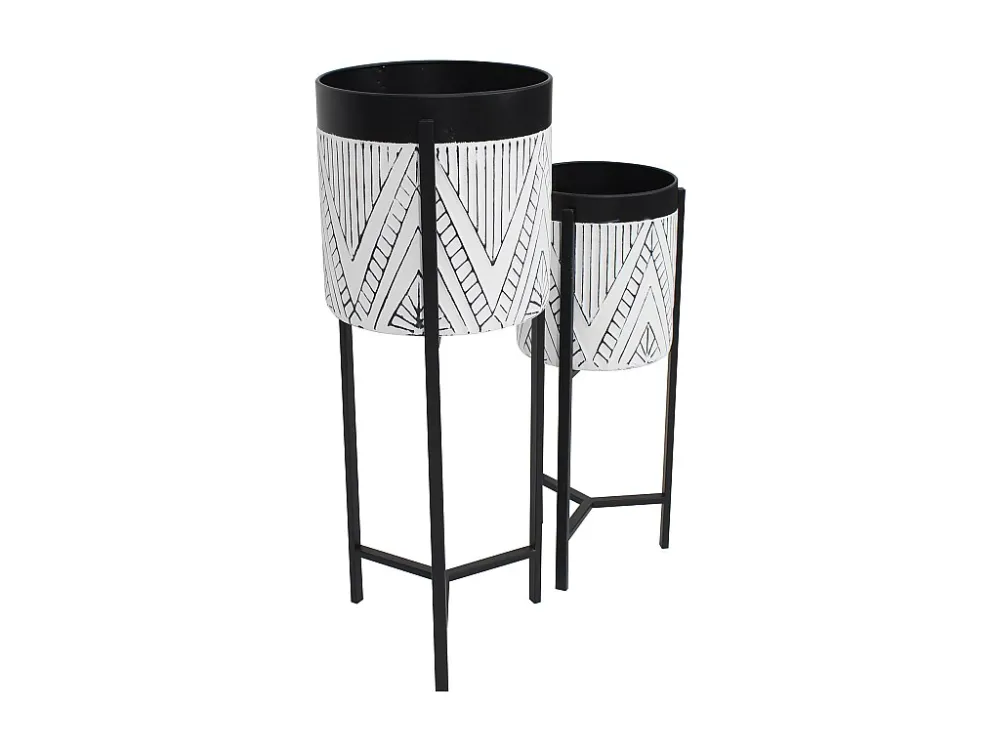 Conjunto 2 vasos de ornamentação com suporte em metálico D20 e D25 cm preto e branco CAPOLI