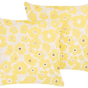 Set 2 Velvet Cushions Floral Pattern 45 x 45 cm Beige and Limão TRITELEIA