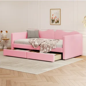 Conjunto de Cama de Casal Cama estofada 90 x 200 cm com 2 gavetas, sofá cama - tecido ursinho - cor rosa