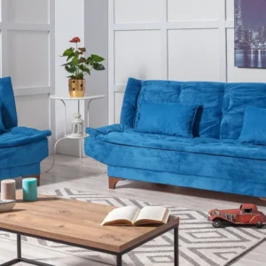 Kit de Quarto Completo Conjunto de sofá e cadeirão convertível de 3 lugares Lefkada em tecido azul