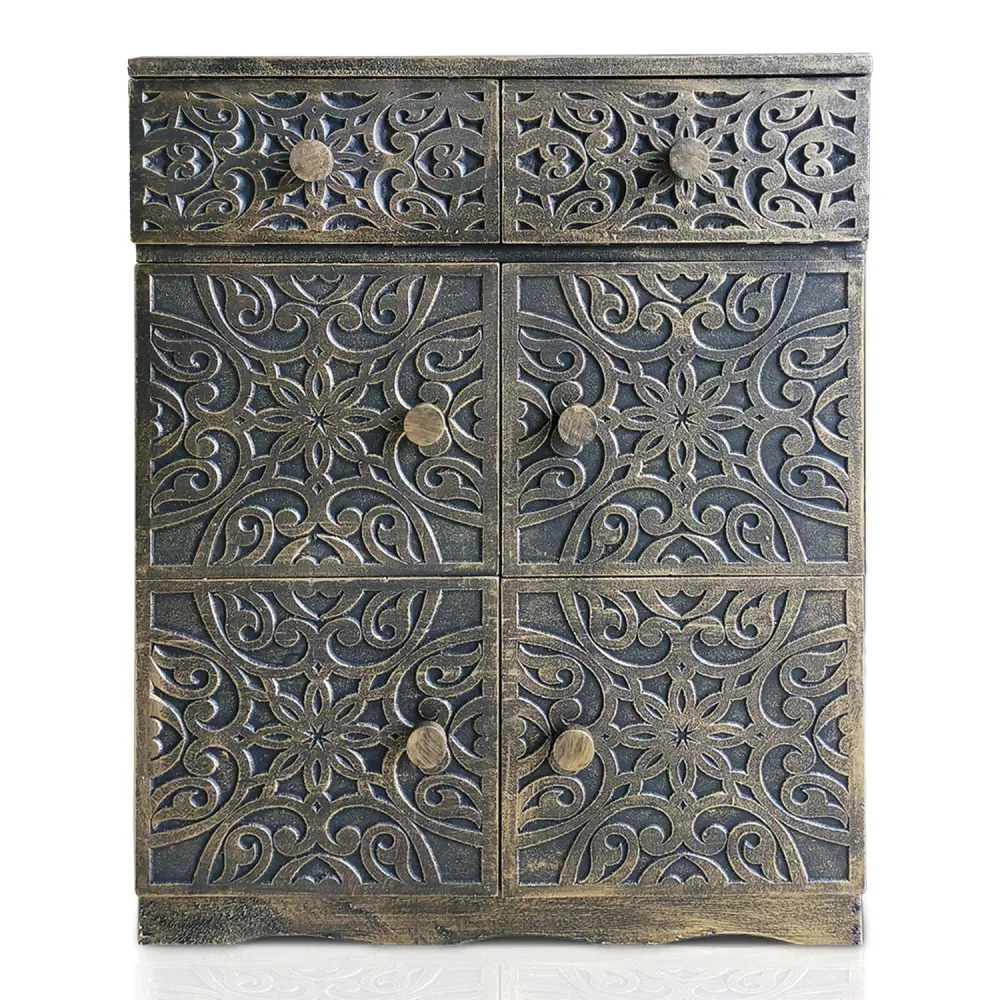 Buffet bois sculpté style oriental 6 portes L70cm Matana Tom terroso patiné para Sebes de Coníferas