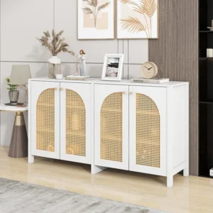 Aparador com 4 portas de rattan - 145 x 40 x 80 cm - Madeira MDF e aglomerado - branco + cor carvalho