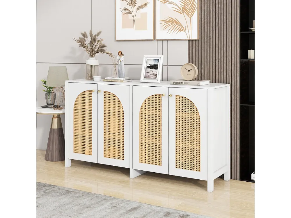 Aparador com 4 portas de rattan - 145 x 40 x 80 cm - Madeira MDF e aglomerado - branco + cor carvalho