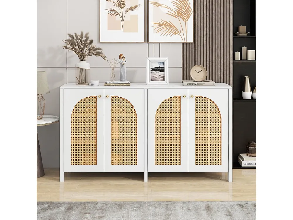 Aparador com 4 portas de rattan - 145 x 40 x 80 cm - Madeira MDF e aglomerado - branco + cor carvalho