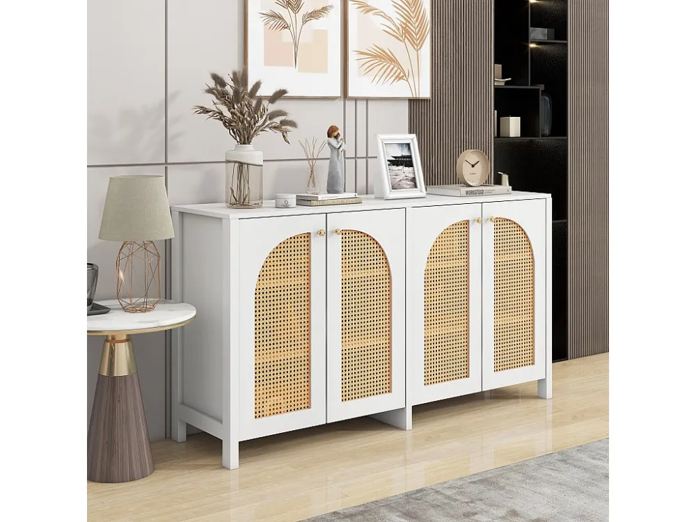 Aparador com 4 portas de rattan - 145 x 40 x 80 cm - Madeira MDF e aglomerado - branco + cor carvalho