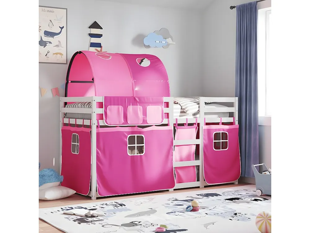Beliche com cortinas 90x190 cm madeira de pinho maciç rosa | Envio Rápido