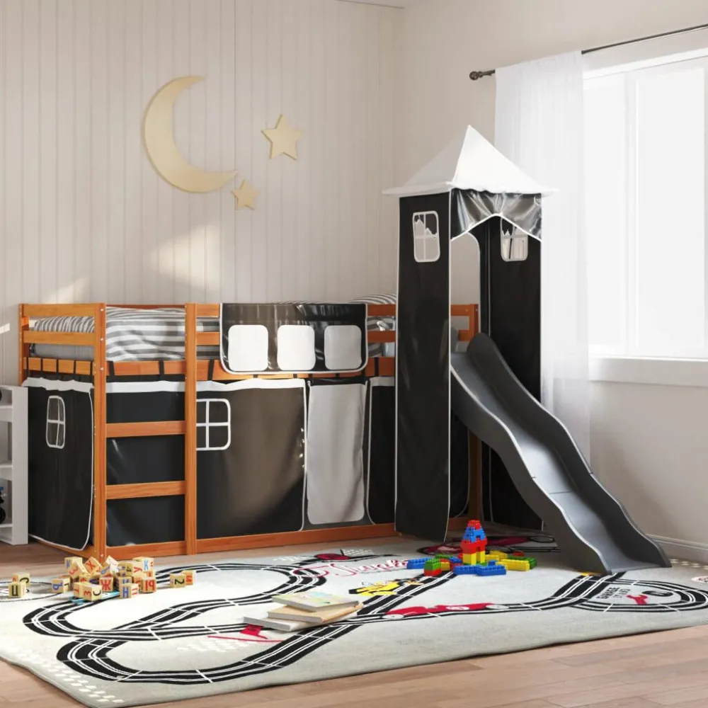 Beliche com escorrega e cortinas 90x190 cm branco e preto para Adultos