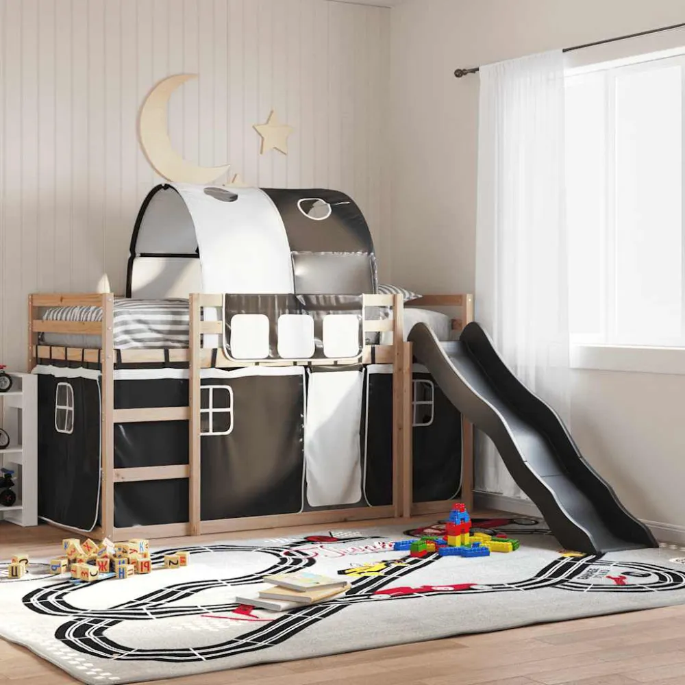 Beliche com escorrega e cortinas 90x190 cm branco e preto em Veludo