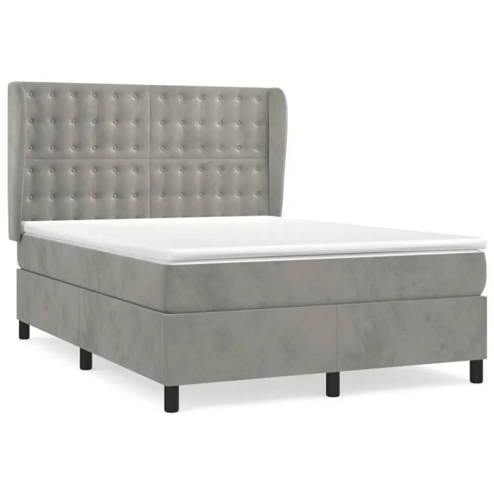 Cama com molasemcolchão 140x200 cm veludo cinzento-claro com Certificado de Autenticidade