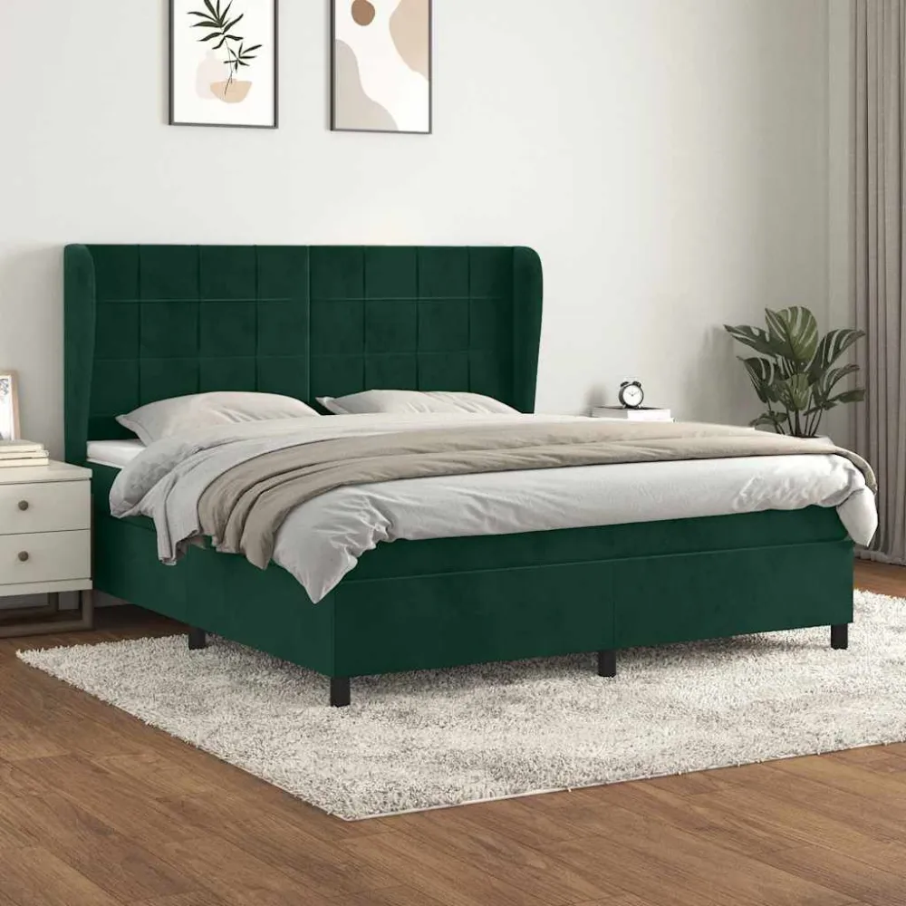Cama com molasemcolchão 160x200 cm veludo verde-escuro com Certificado de Autenticidade