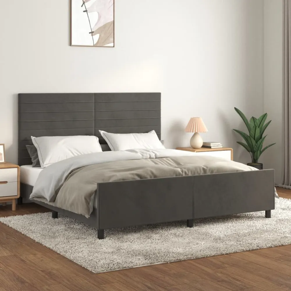 Estrutura de cama sem colchão 160x200 cm veludo cinzento-escuro compatible Cama Queen Size