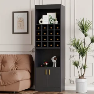 Buffet de Vinhos com 2 Portas e 16 Suportes para Garrafas - 50x40x180 cm - Aglomerado - Preto