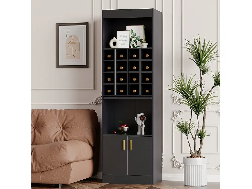Buffet de Vinhos com 2 Portas e 16 Suportes para Garrafas - 50x40x180 cm - Aglomerado - Preto