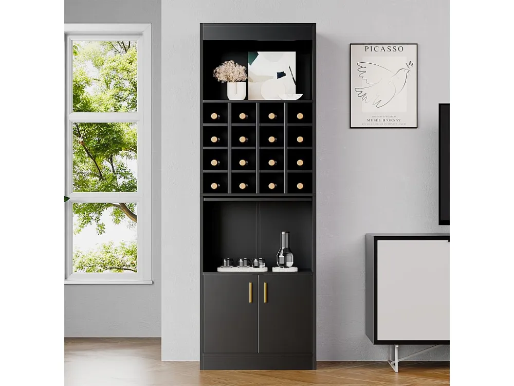 Buffet de Vinhos com 2 Portas e 16 Suportes para Garrafas - 50x40x180 cm - Aglomerado - Preto