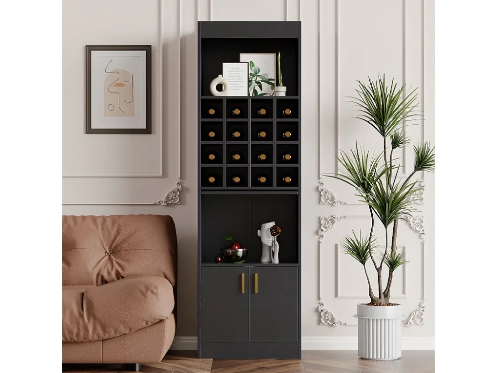 Buffet de Vinhos com 2 Portas e 16 Suportes para Garrafas - 50x40x180 cm - Aglomerado - Preto