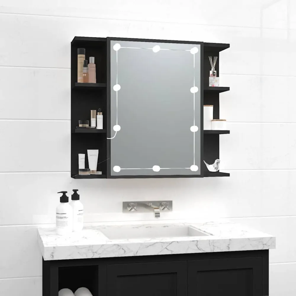 Armário espelhado com luzes LED 70x16,5x60 cm preto para Organização