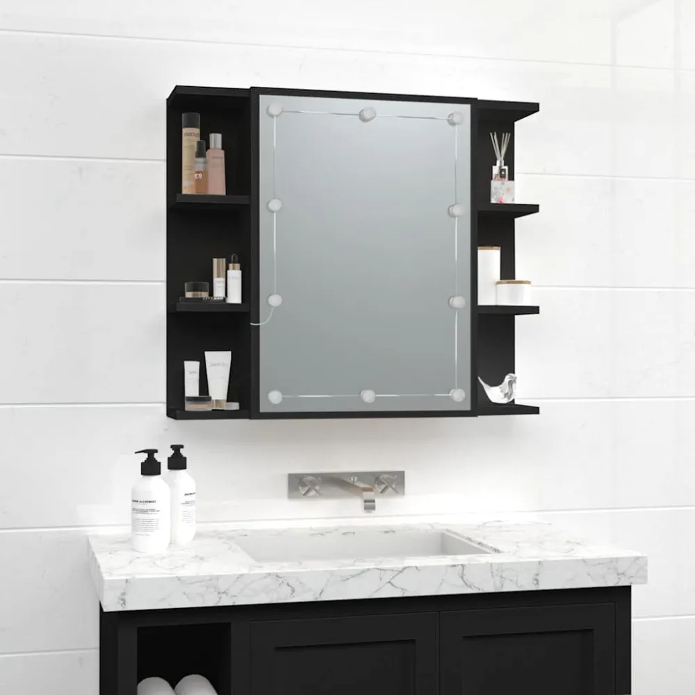 Armário espelhado com luzes LED 70x16,5x60 cm preto para Organização