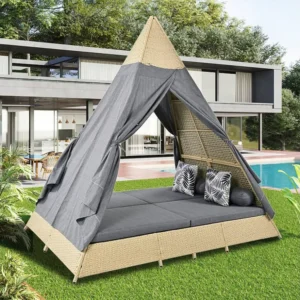 Canteiro de jardim com dossel para 2 4 pessoas - Rattan bege e cortina de porta cinza - Almofadas incluídas - para exterio...